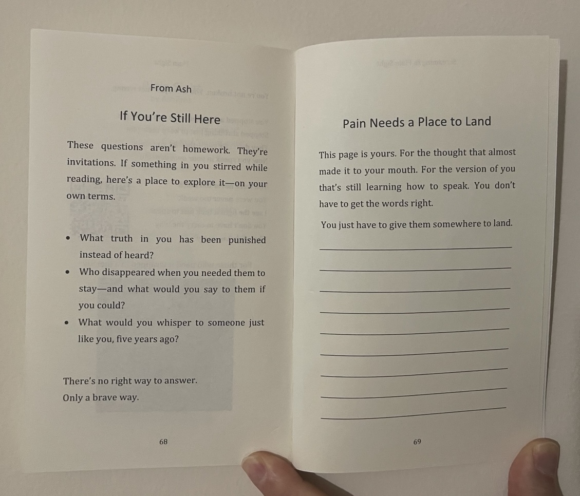 Interior page from Screaming in Plain Sight titled Pain Needs a Place to Land