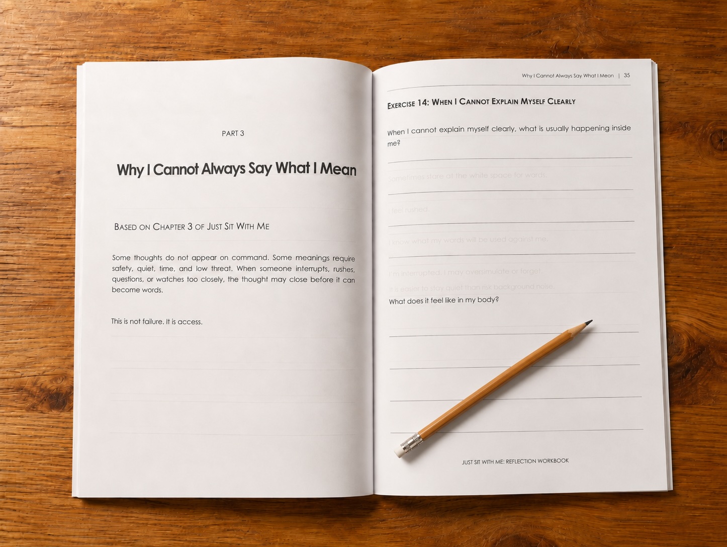 Inside pages of the Just Sit With Me workbook